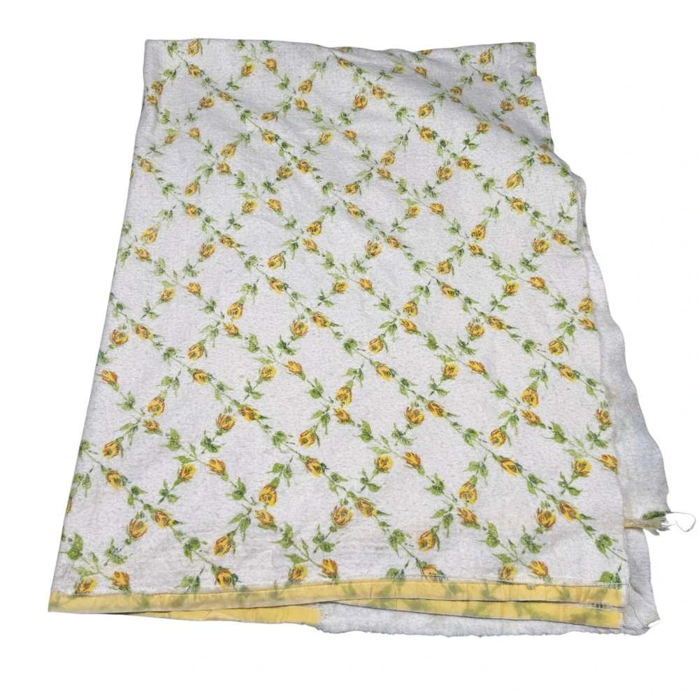 Vintage 70s Yellow Rosebud Trellis Thermal Blanket Satin Trim Floral Cottagecore
